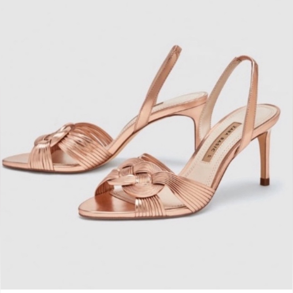 ZARA - women’s metallic rose pink braided high heels slingback sandals SZ  8 /39